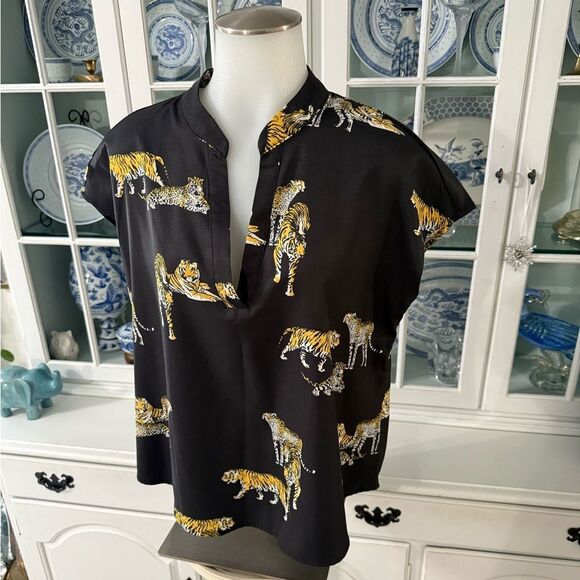 SHEIN Black Blouse Tiger Leopard Print Top Size Medium - Picture 4 of 9